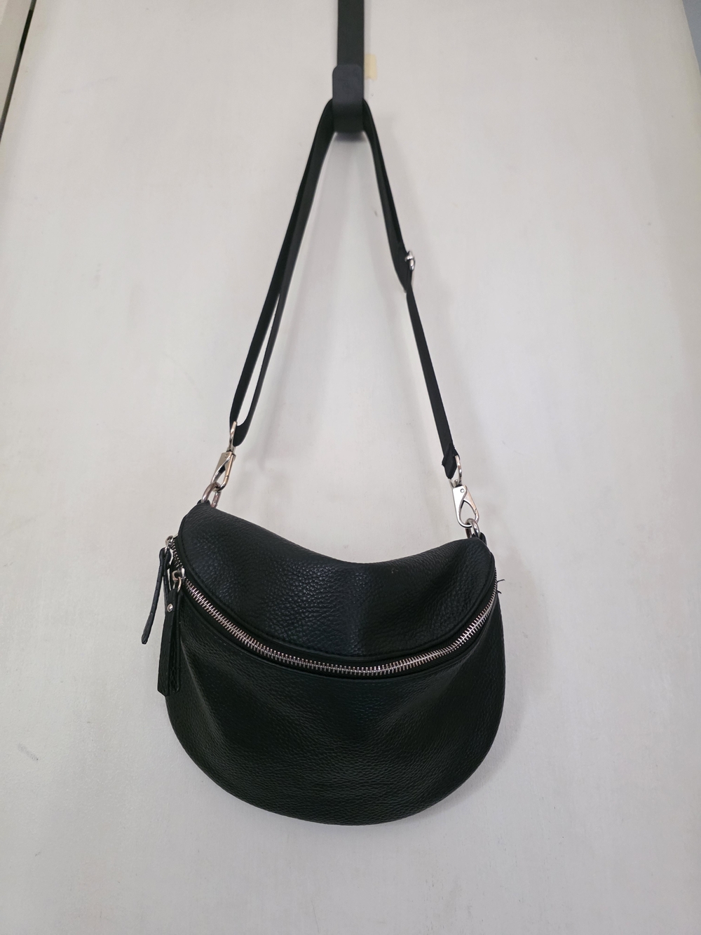 Black Pebbled Leather Crossbody Bag with Silver Hardware